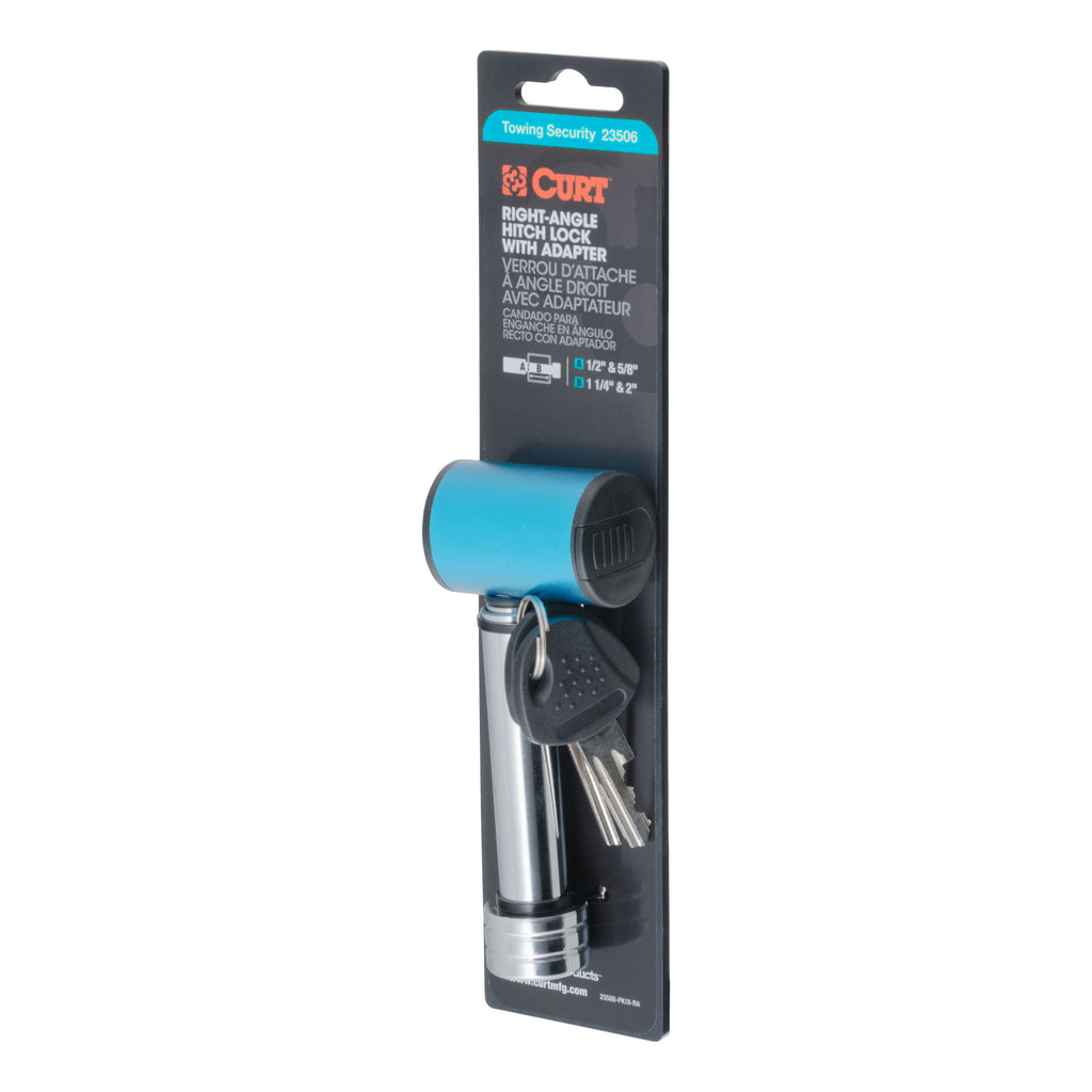 CURT 23506 1/2" Hitch Lock with 5/8" Adapter (1-1/4" or 2" Receiver, Right-Angle, Chrome)