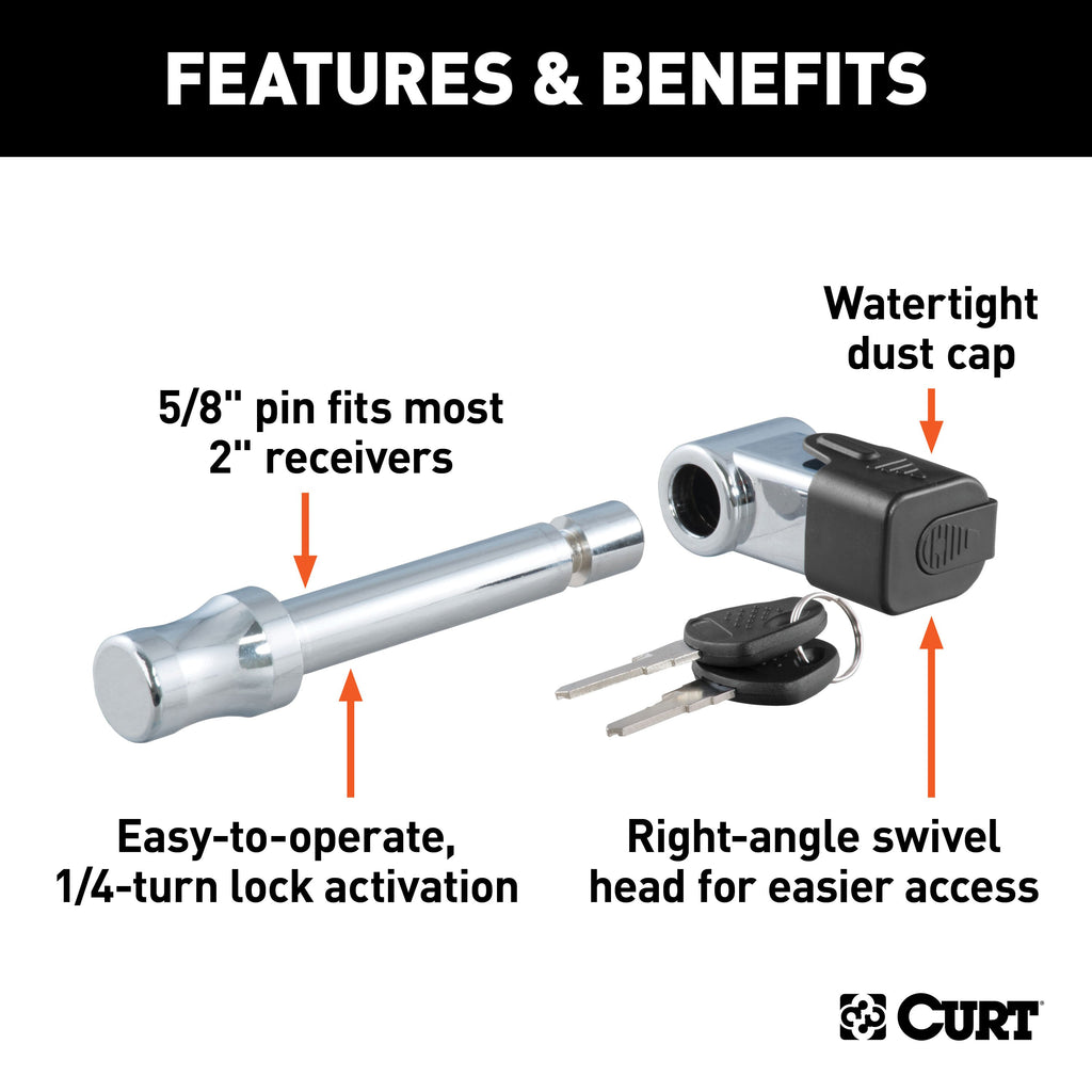 CURT 23510 5/8" Hitch Lock (2" Receiver, Right-Angle, Chrome)