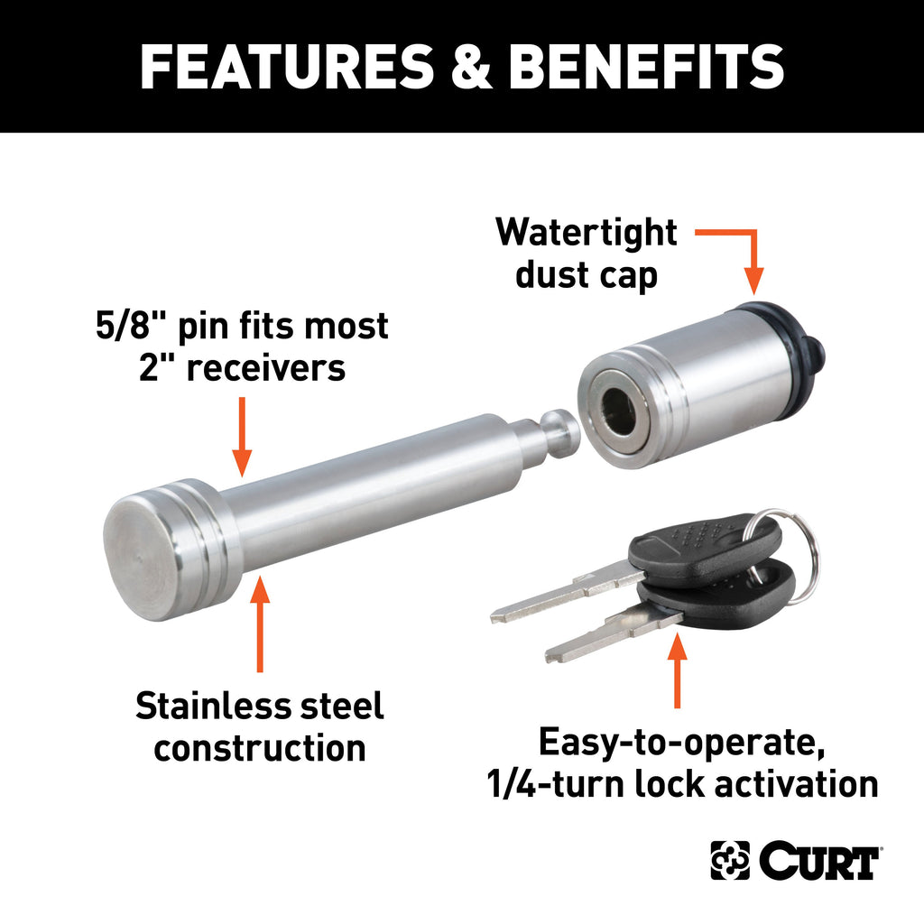 CURT 23516 5/8" Hitch Lock (2" Receiver, Barbell, Stainless)