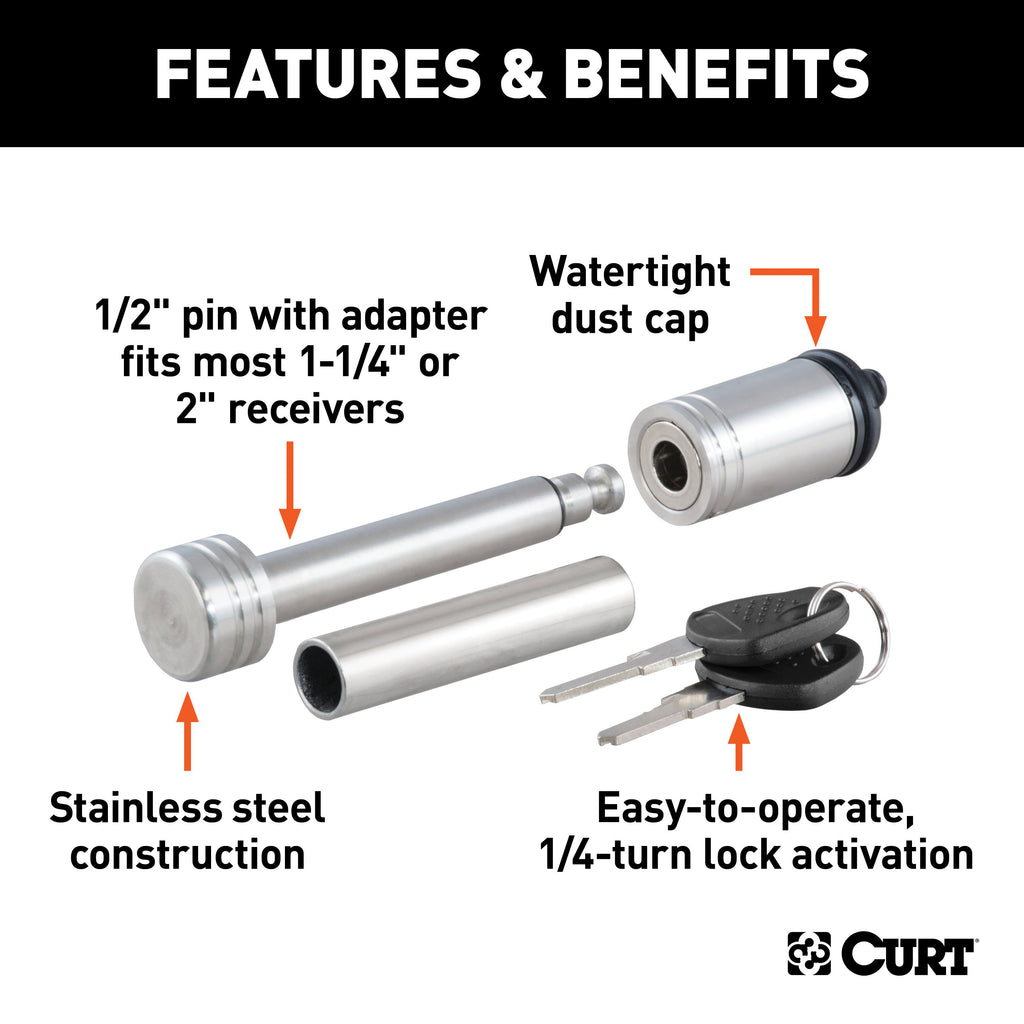 CURT 23517 1/2" Hitch Lock with 5/8" Adapter (1-1/4" or 2" Receiver, Barbell, Stainless)