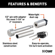 Load image into Gallery viewer, CURT 23517 1/2" Hitch Lock with 5/8" Adapter (1-1/4" or 2" Receiver, Barbell, Stainless)