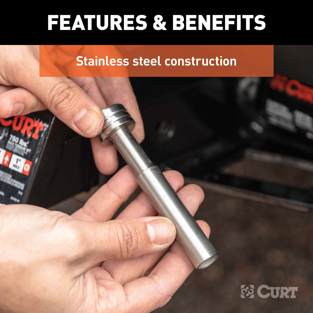 CURT 23517 1/2" Hitch Lock with 5/8" Adapter (1-1/4" or 2" Receiver, Barbell, Stainless)