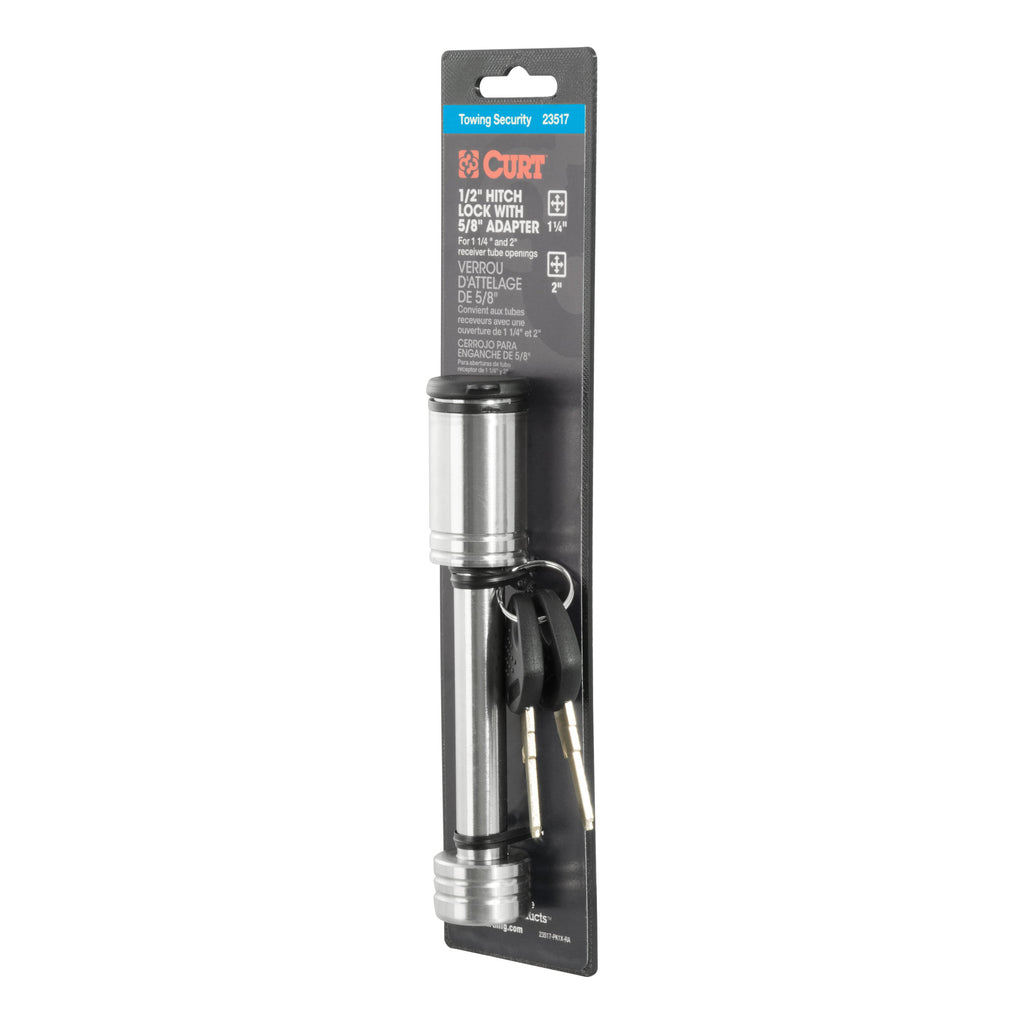 CURT 23517 1/2" Hitch Lock with 5/8" Adapter (1-1/4" or 2" Receiver, Barbell, Stainless)