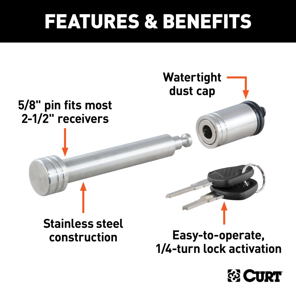 CURT 23519 5/8" Hitch Lock (2" or 2-1/2" Receiver, Barbell, Stainless)