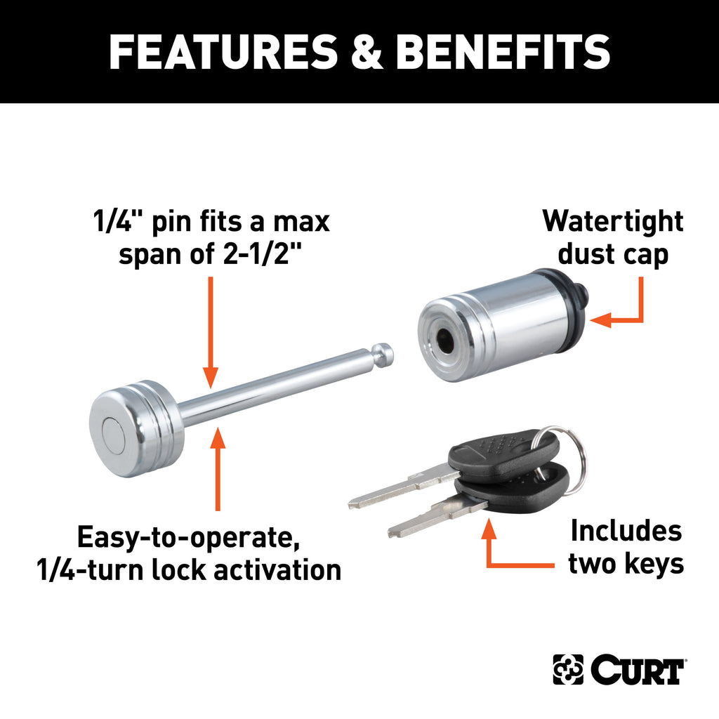 CURT 23522 Coupler Lock (1/4" Pin, 2-1/2" Latch Span, Barbell, Chrome)