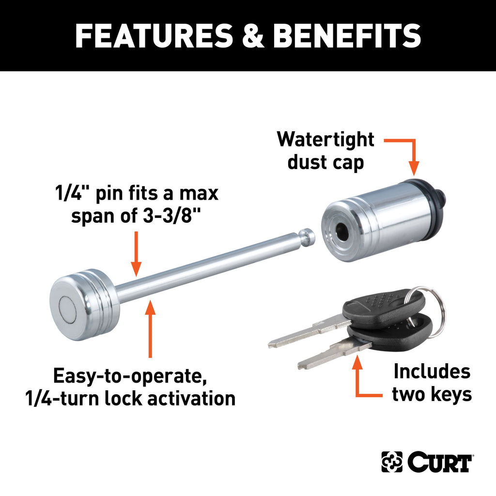 CURT 23523 Coupler Lock (1/4" Pin, 3-3/8" Latch Span, Barbell, Chrome)