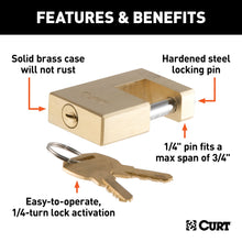 Load image into Gallery viewer, CURT 23546 Coupler Lock (1/4" Pin, 3/4" Latch Span, Padlock, Solid Brass)