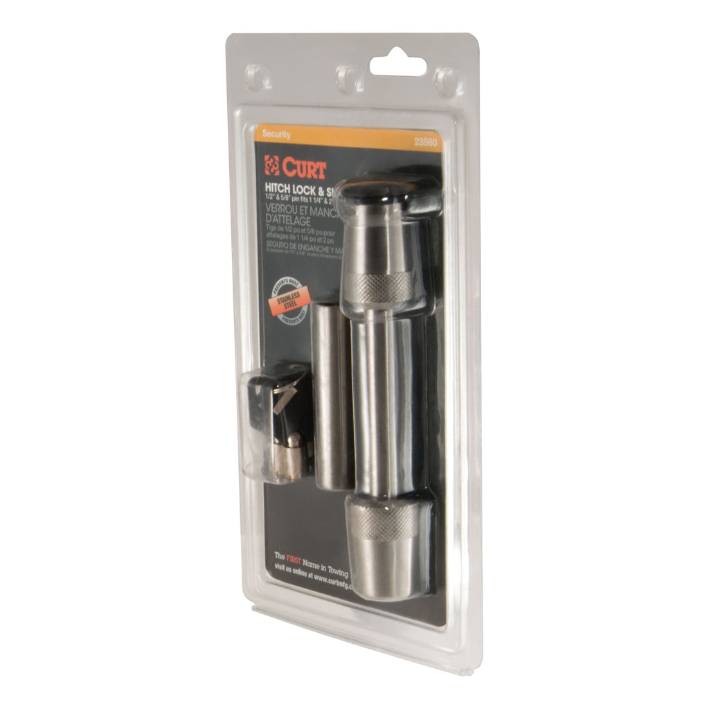 CURT 23580 1/2" Hitch Lock with 5/8" Adapter (1-1/4" or 2" Receiver, Barbell, Stainless)