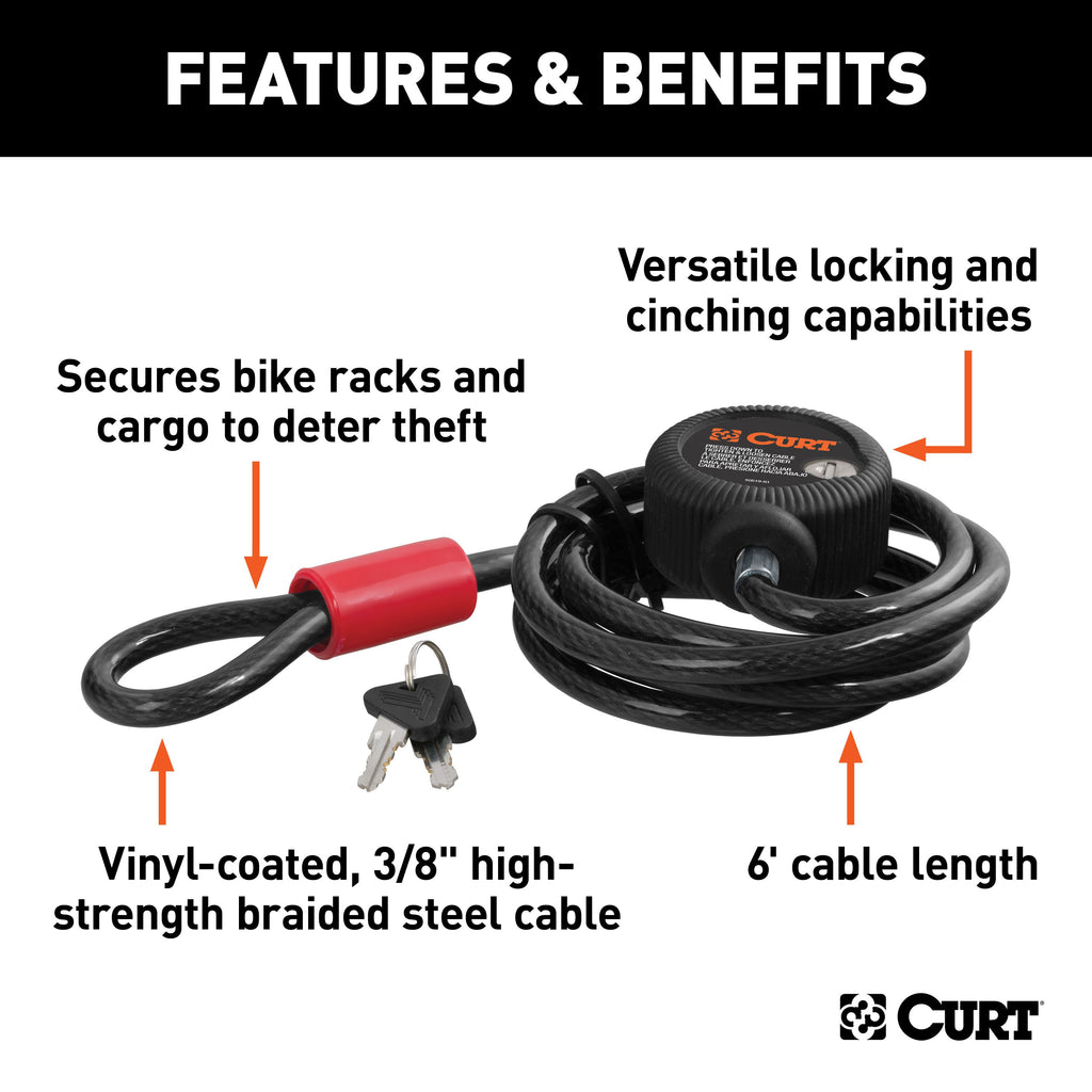 CURT 23666 Multi-Use Cable Lock (6' x 3/8" Cable, Vinyl-Coated Braided Steel)
