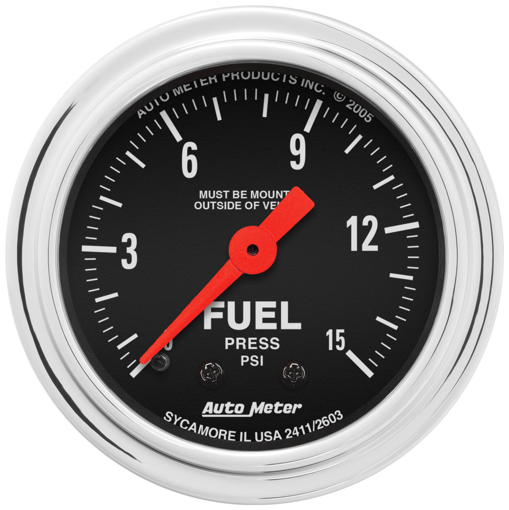 AutoMeter 2411 GAUGE, FUEL PRESSURE, 2 1/16", 15PSI, MECHANICAL, TRADITIONAL CHROME