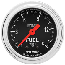 Load image into Gallery viewer, AutoMeter 2413 GAUGE, FUEL PRESSURE, 2 1/16", 15PSI, MECH. W/ISOLATOR, TRADITIONAL CHROME