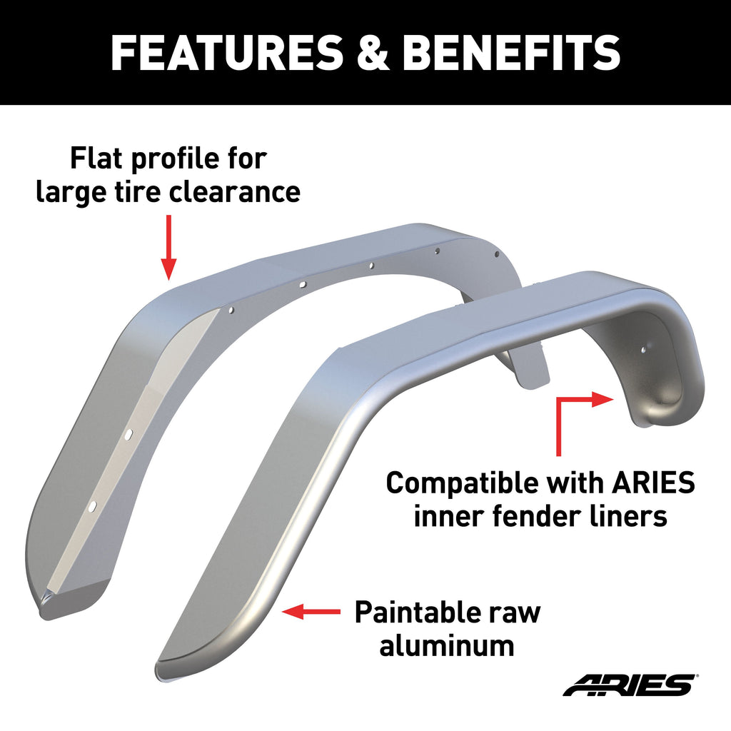 ARIES 2500202 Jeep Wrangler JK Raw Aluminum Rear Fender Flares for Select Jeep Wrangler