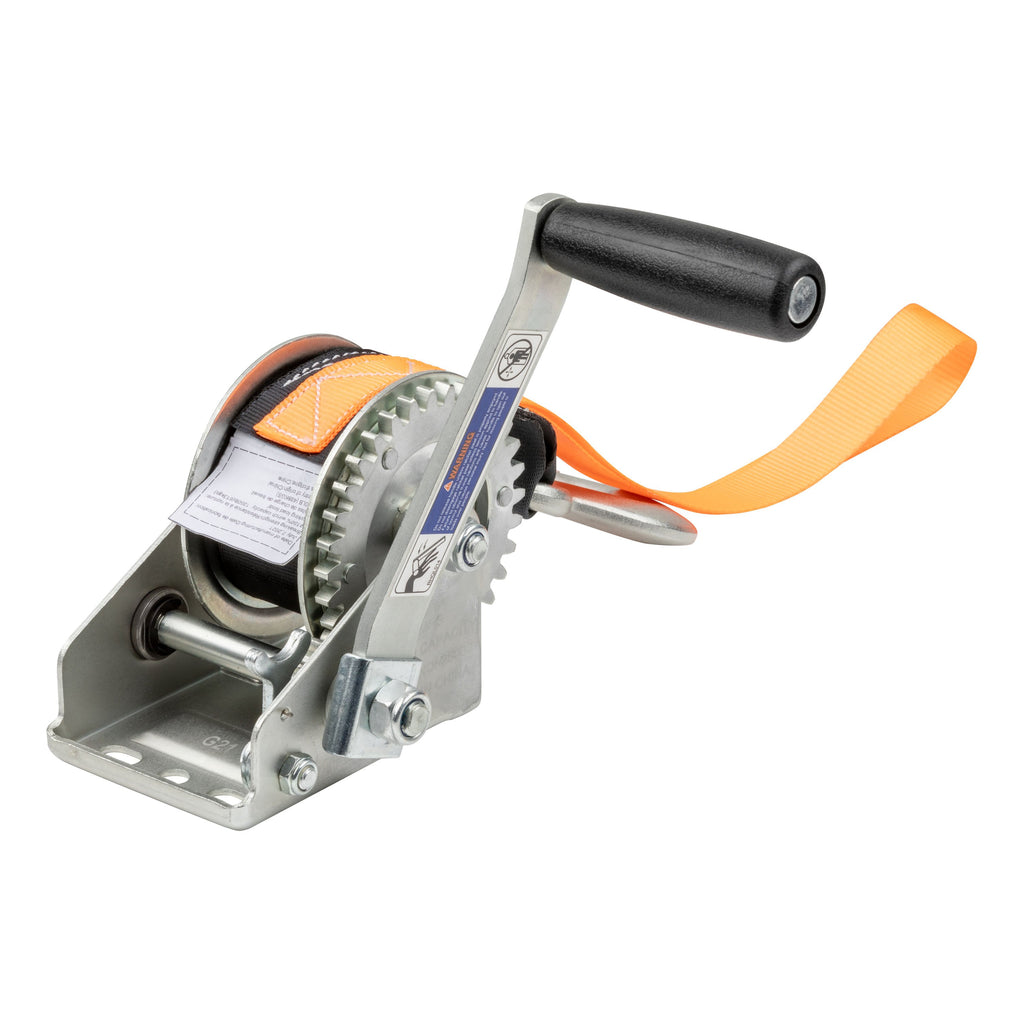 CURT 25002 Hand Crank Winch with 15' Strap & Bow Loop (900 lbs, 6.5" Handle)