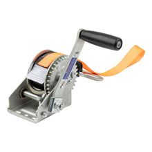 Load image into Gallery viewer, CURT 25002 Hand Crank Winch with 15' Strap &amp; Bow Loop (900 lbs, 6.5" Handle)