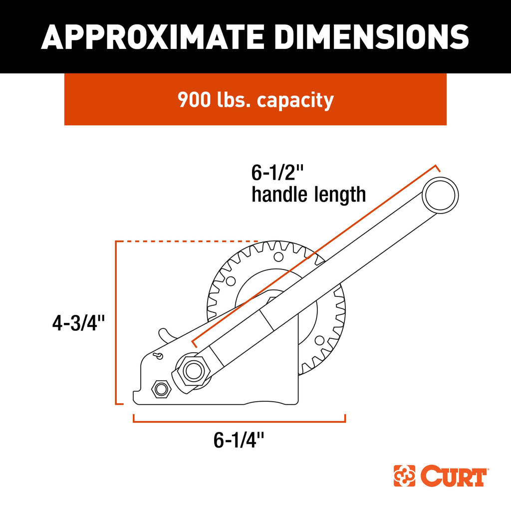 CURT 25002 Hand Crank Winch with 15' Strap & Bow Loop (900 lbs, 6.5" Handle)