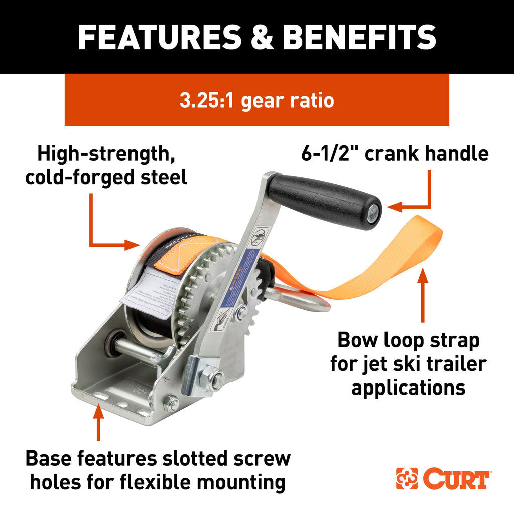 CURT 25002 Hand Crank Winch with 15' Strap & Bow Loop (900 lbs, 6.5" Handle)