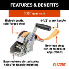 Load image into Gallery viewer, CURT 25002 Hand Crank Winch with 15' Strap &amp; Bow Loop (900 lbs, 6.5" Handle)