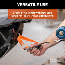 Load image into Gallery viewer, CURT 25002 Hand Crank Winch with 15' Strap &amp; Bow Loop (900 lbs, 6.5" Handle)