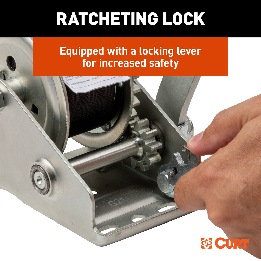 CURT 25002 Hand Crank Winch with 15' Strap & Bow Loop (900 lbs, 6.5" Handle)