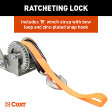 Load image into Gallery viewer, CURT 25002 Hand Crank Winch with 15' Strap &amp; Bow Loop (900 lbs, 6.5" Handle)