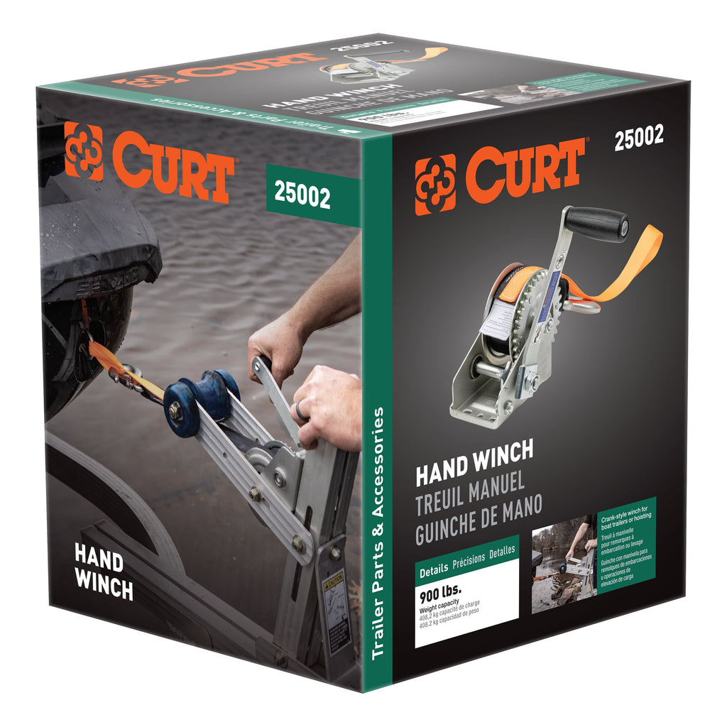 CURT 25002 Hand Crank Winch with 15' Strap & Bow Loop (900 lbs, 6.5" Handle)