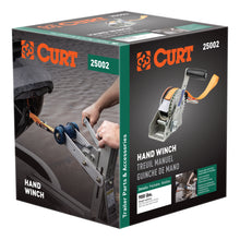 Load image into Gallery viewer, CURT 25002 Hand Crank Winch with 15' Strap &amp; Bow Loop (900 lbs, 6.5" Handle)