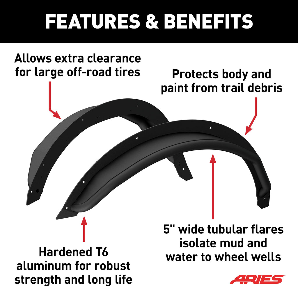 ARIES 2500303 Ford Bronco Smooth Black Aluminum Tubular-Style Rear Wheel Fender Flares for 4-Door for Select Ford Bronco