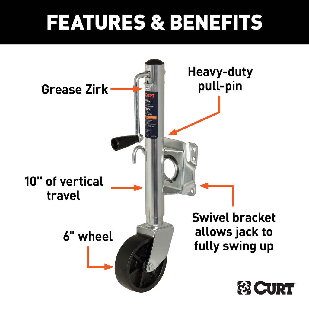 CURT 25003 Marine Trailer Jack with 6" Wheel (1,000 lbs, 10" Travel, Packaged)