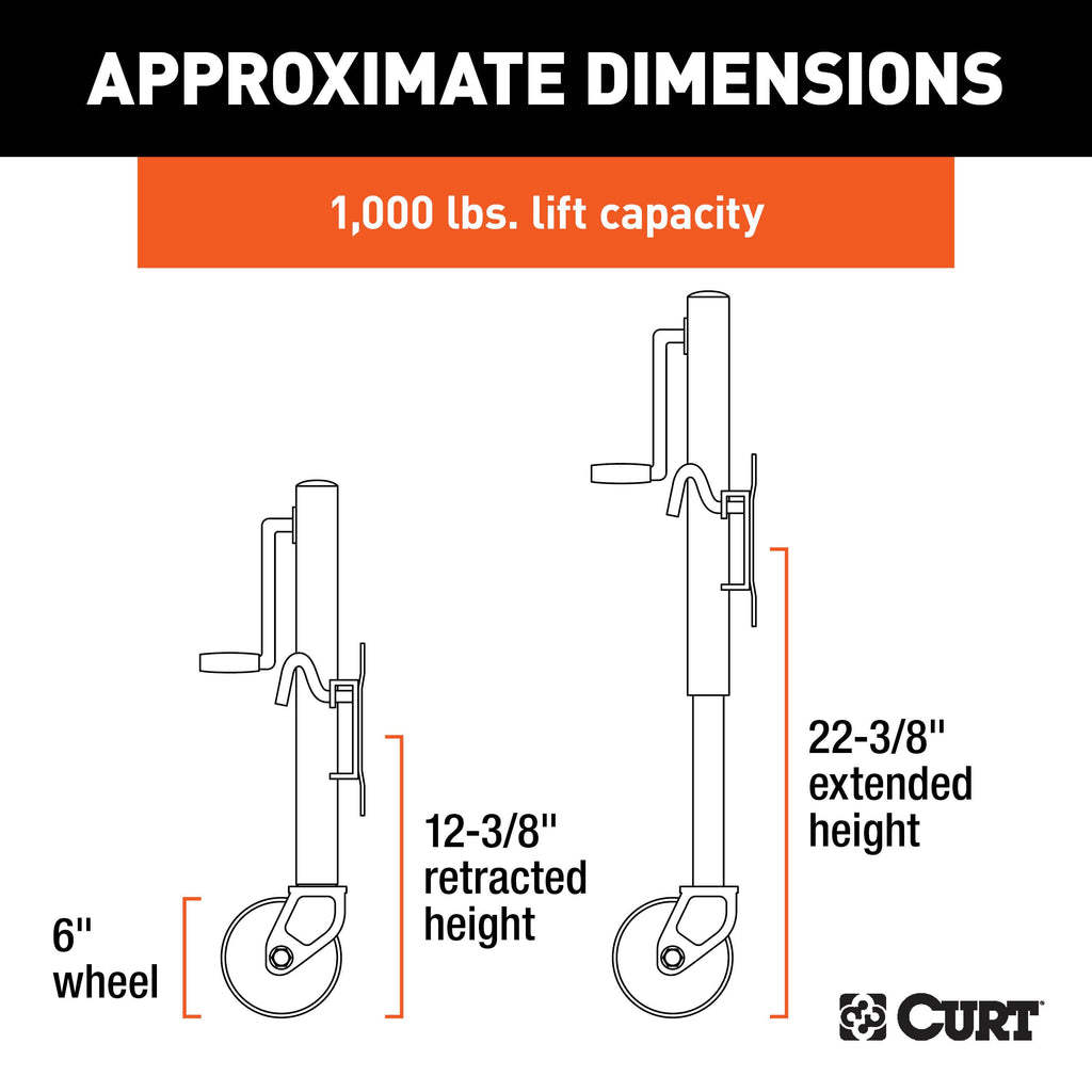 CURT 25004 Marine Trailer Jack with 6" Wheel (1,000 lbs, 10" Travel)