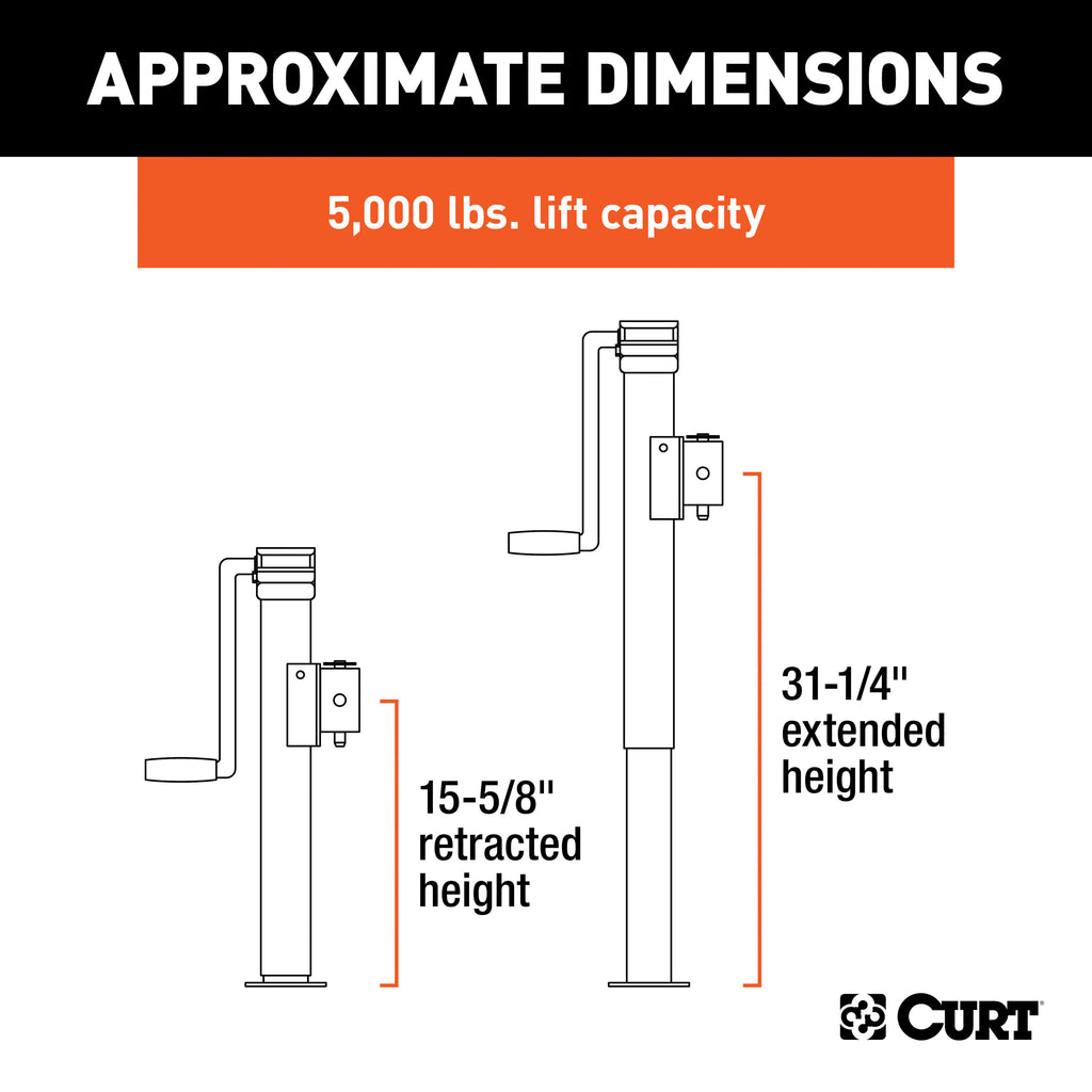 CURT 25005 Pipe-Mount Swivel Trailer Jack with Side Handle (5,000 lbs, 15" Travel)