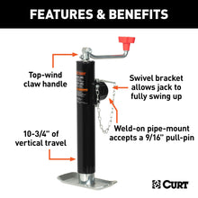 Load image into Gallery viewer, CURT 25006 Pipe-Mount Swivel Trailer Jack with Top Handle (5,000 lbs, 10" Travel)