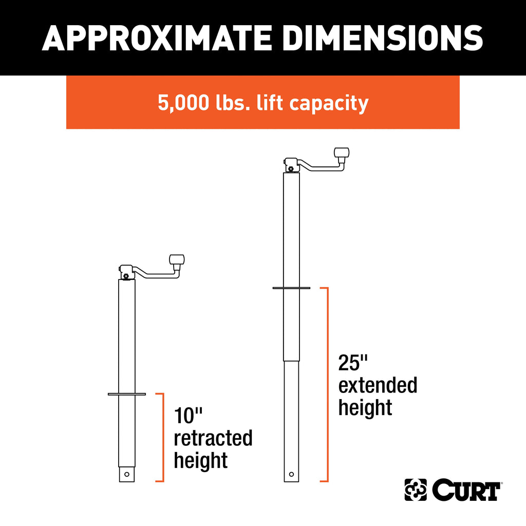 CURT 25007 A-Frame Trailer Jack with Top Handle (5,000 lbs, 15" Travel)