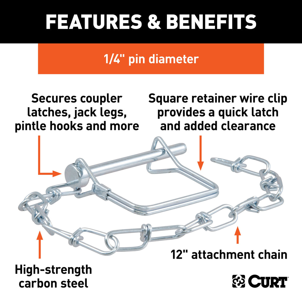 CURT 25012 1/4" Safety Pin with 12" Chain (2-3/4" Pin Length)