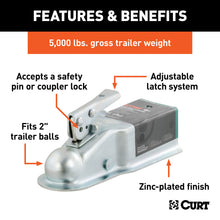 Load image into Gallery viewer, CURT 25100 2" Straight-Tongue Coupler with Posi-Lock (3" Channel, 5,000 lbs, Zinc)