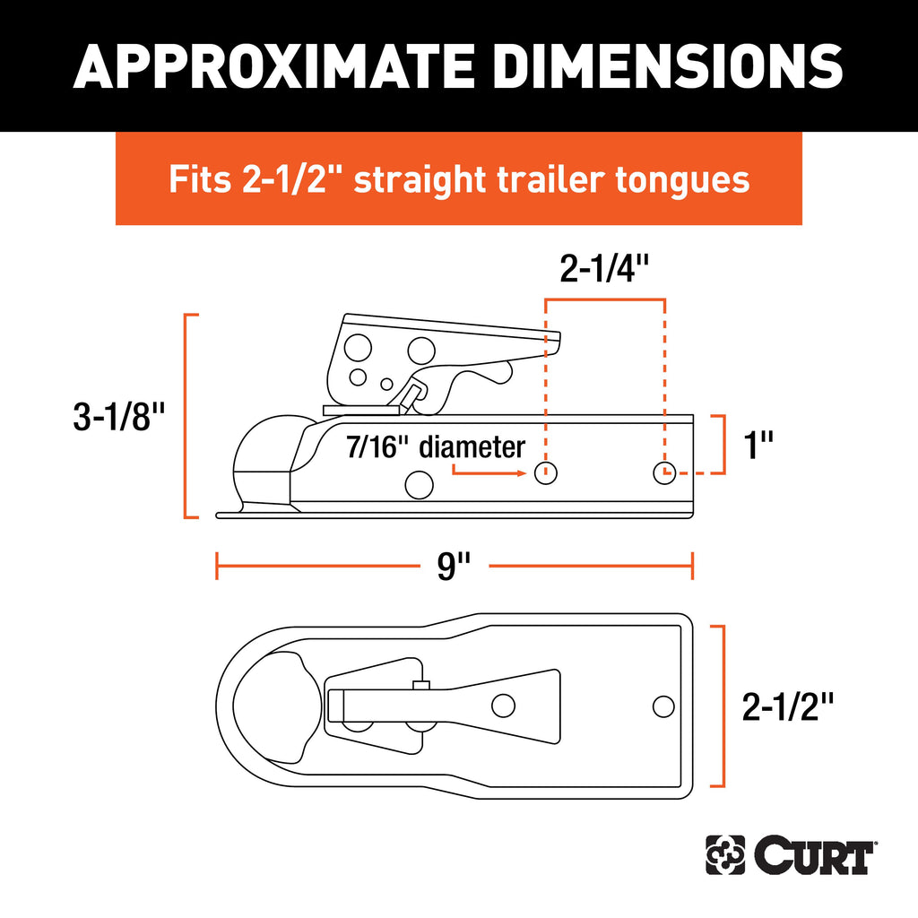 CURT 25105 1-7/8" Straight-Tongue Coupler with Posi-Lock (2-1/2" Channel, 2,000 lbs, Zinc)