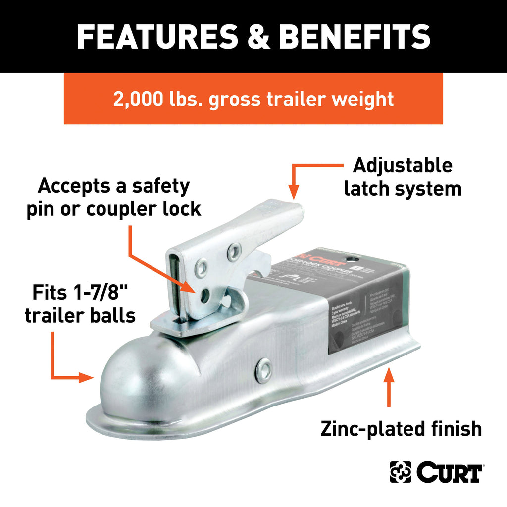 CURT 25105 1-7/8" Straight-Tongue Coupler with Posi-Lock (2-1/2" Channel, 2,000 lbs, Zinc)