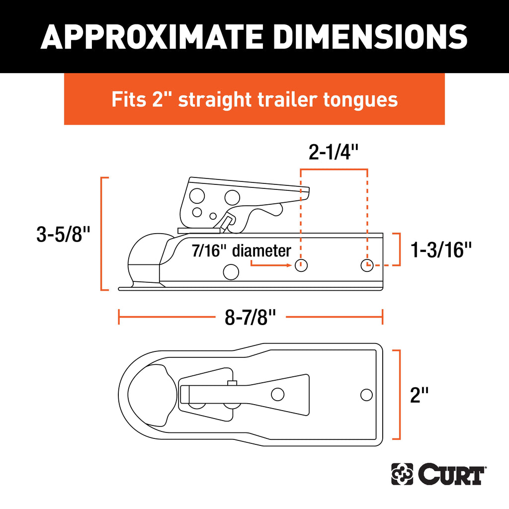 CURT 25128 1-7/8" Straight-Tongue Coupler with Posi-Lock (2" Channel, 2,000 lbs, Zinc)