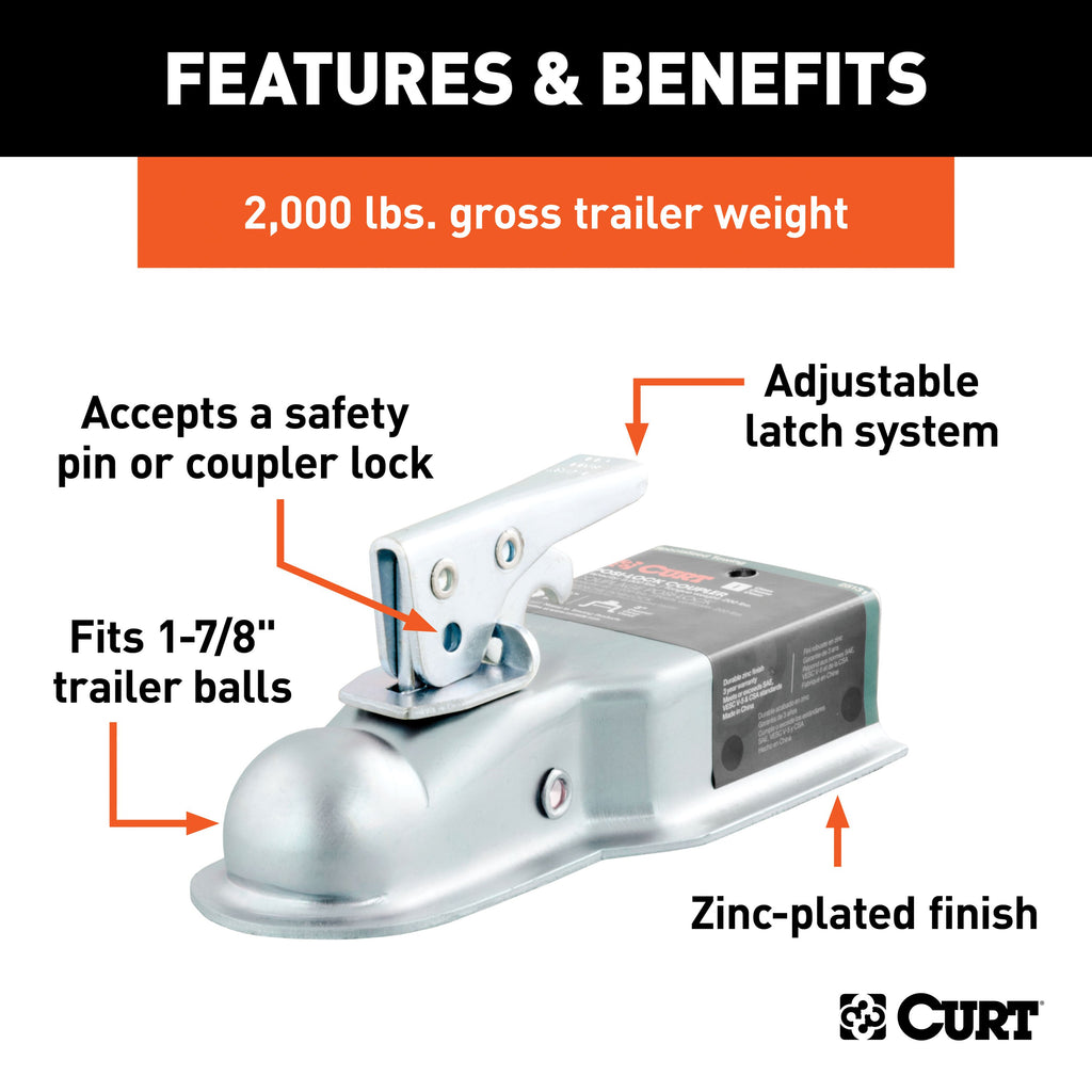 CURT 25131 1-7/8" Straight-Tongue Coupler with Posi-Lock (3" Channel, 2,000 lbs, Zinc)