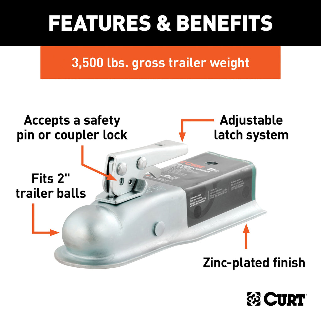 CURT 25135 2" Straight-Tongue Coupler with Posi-Lock (2-1/2" Channel, 3,500 lbs, Zinc)