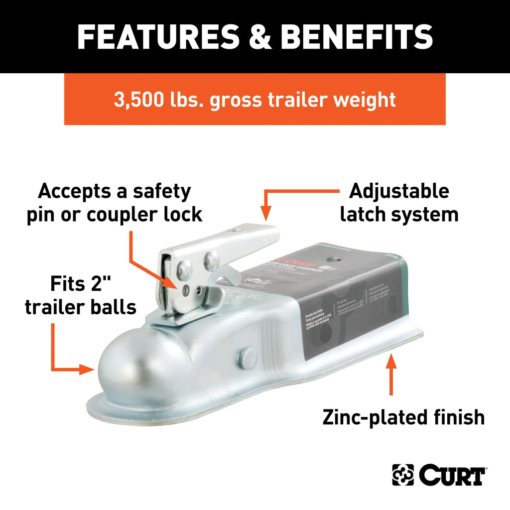 CURT 25138 2" Straight-Tongue Coupler with Posi-Lock (3" Channel, 3,500 lbs, Zinc)