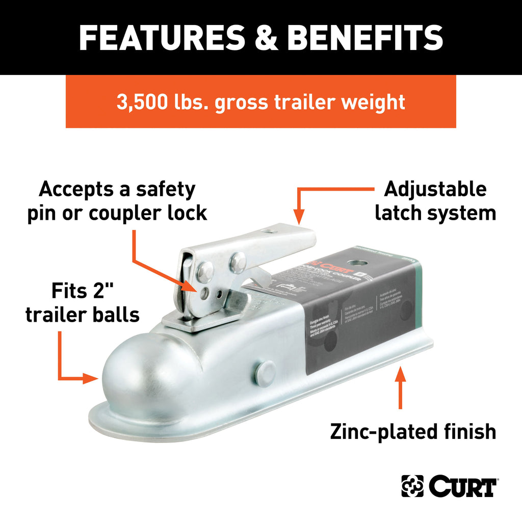 CURT 25153 2" Straight-Tongue Coupler with Posi-Lock (2" Channel, 3,500 lbs, Zinc)