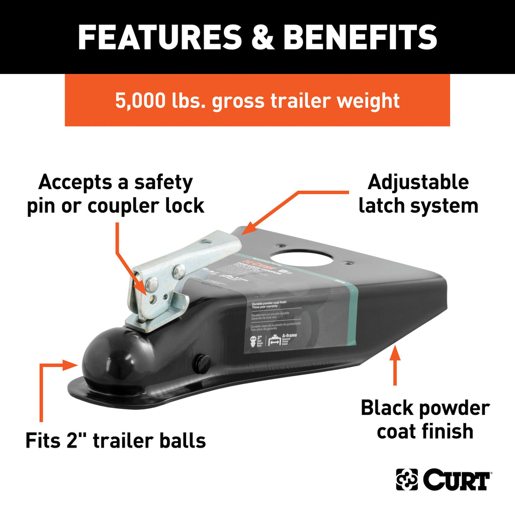 CURT 25210 2" A-Frame Coupler with Posi-Lock (5,000 lbs, Black)