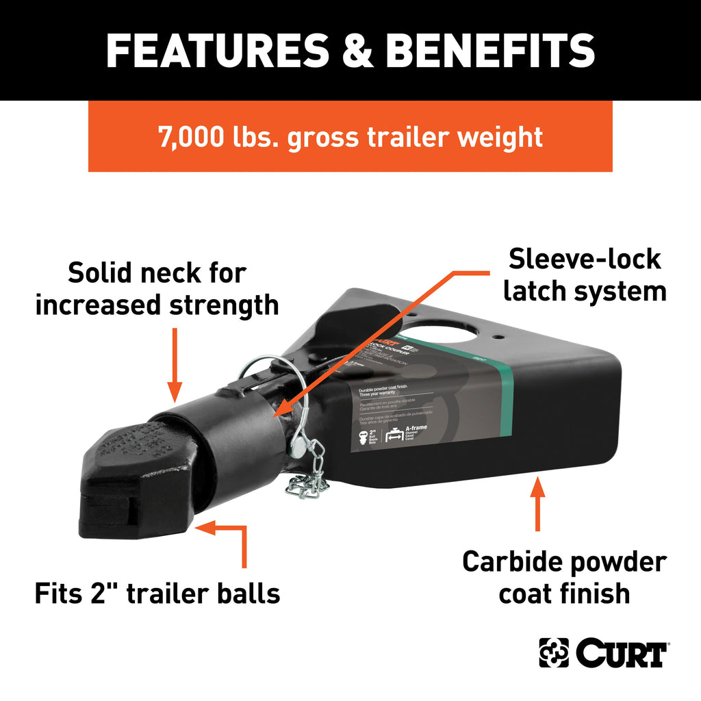 CURT 25217 2" A-Frame Coupler with Sleeve-Lock (7,000 lbs, Black)