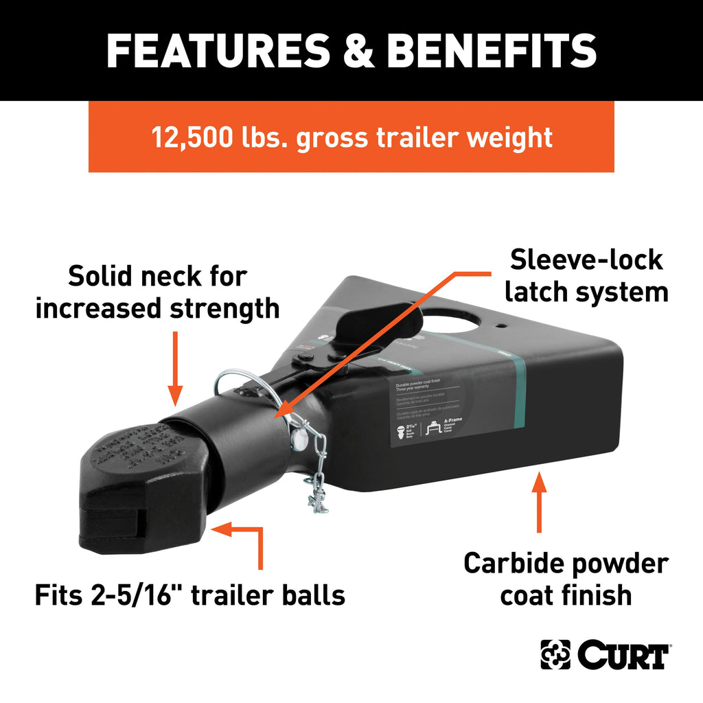 CURT 25227 2-5/16" A-Frame Coupler with Sleeve-Lock (12,500 lbs, Black)