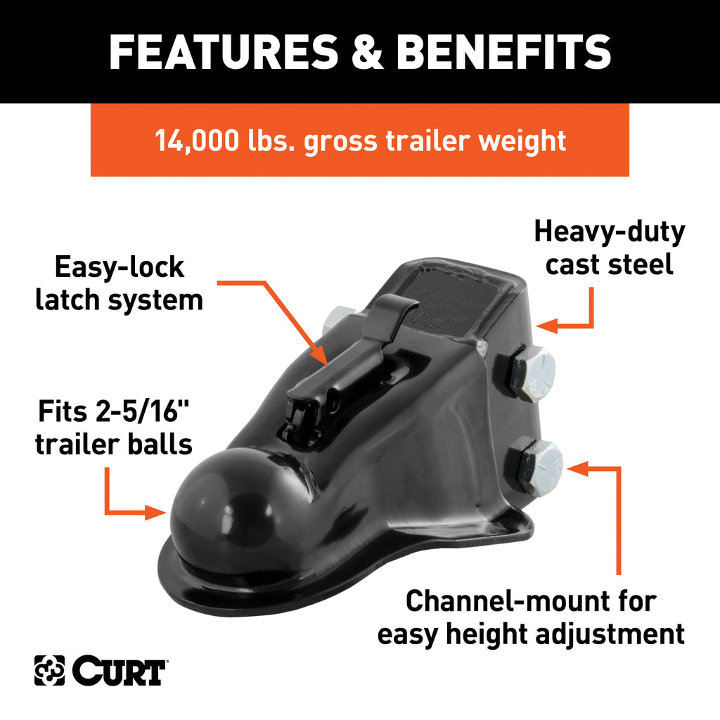 CURT 25330 2-5/16" Channel-Mount Coupler with Easy-Lock (14,000 lbs, Black)