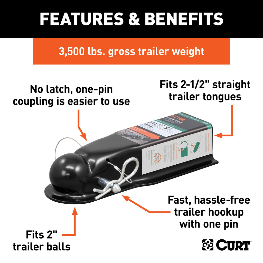CURT 25471 QuickPin No-Latch 2" Trailer Coupler (2-1/2" Channel, 3,500 lbs)