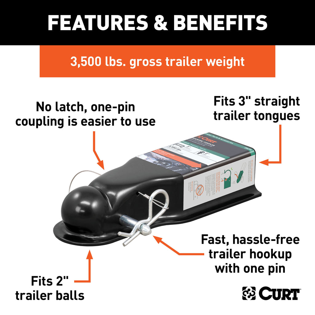 CURT 25472 QuickPin No-Latch 2" Trailer Coupler (3" Channel, 3,500 lbs)