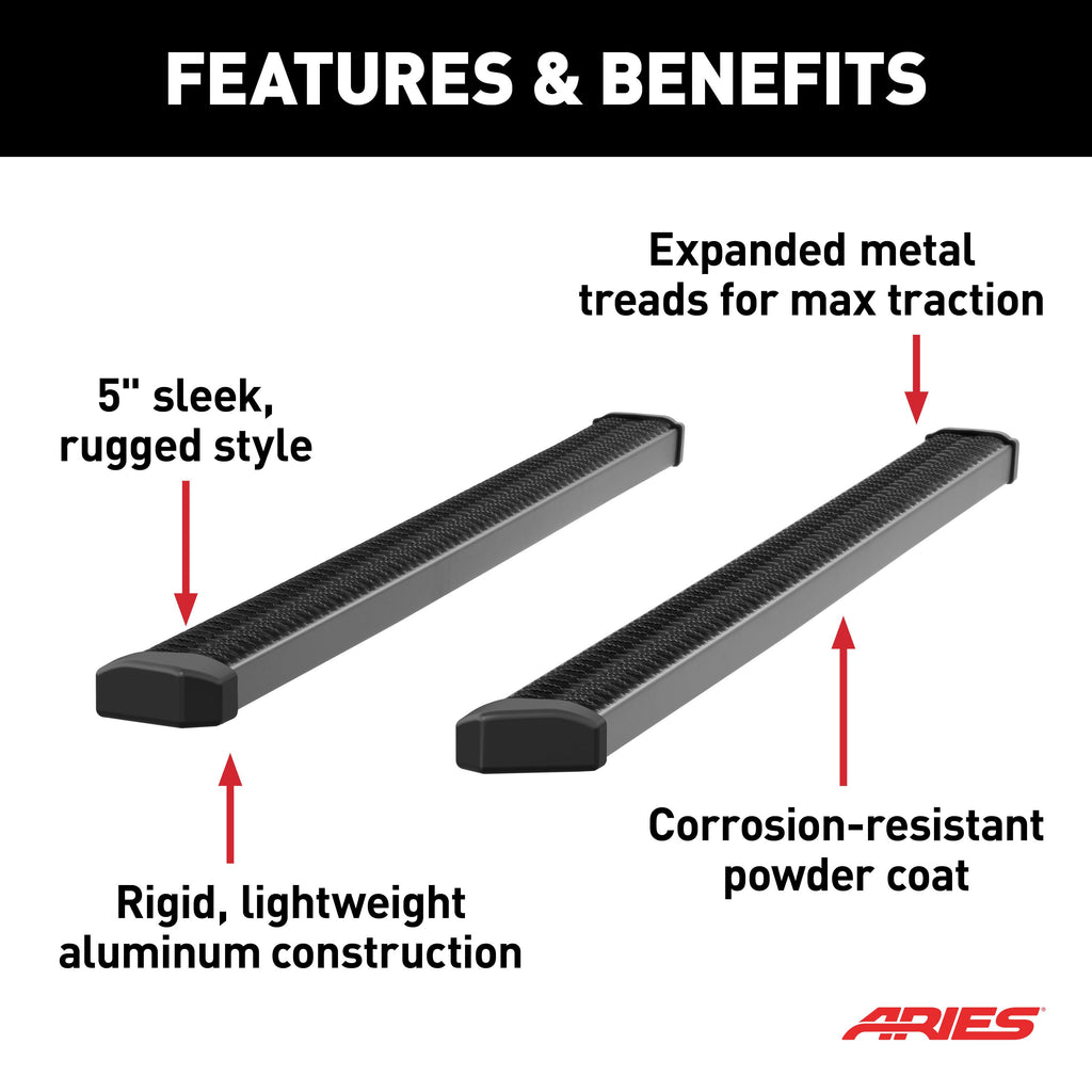 ARIES 2559011 SlimGrip 5" x 88" Black Aluminum Running Boards, Fits Select Chevrolet Silverado, GMC Sierra for Select Chevrolet Silverado 1500