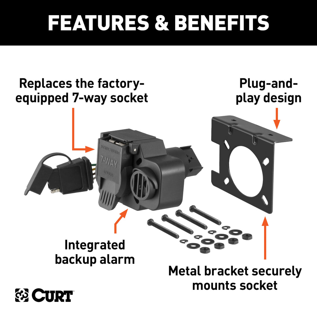 CURT 57100 Dual-Output 7/4-Way Connector with Backup Alarm (Plugs into Dodge 8-Prong) - Truck Part Superstore
