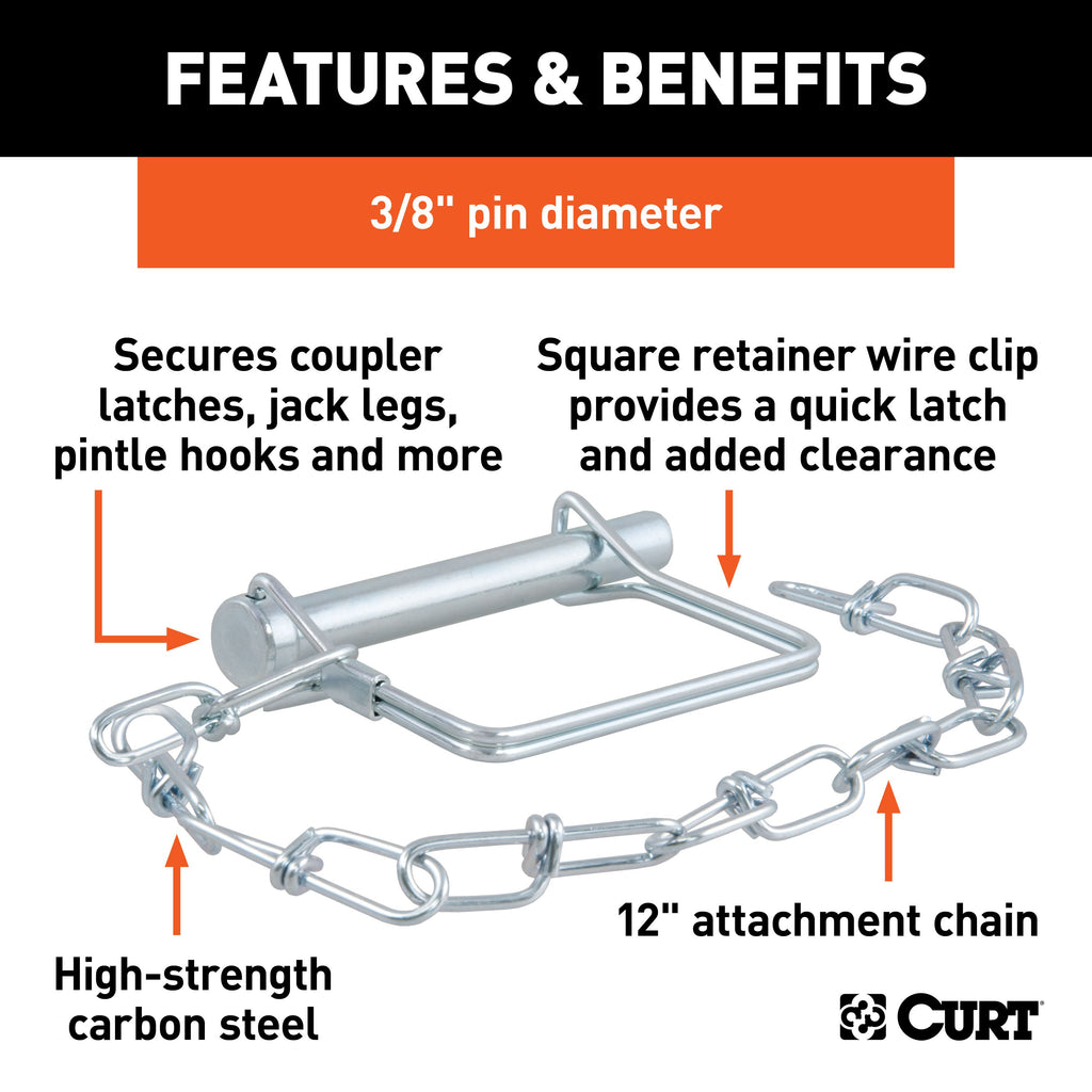 CURT 28000 3/8" Safety Pin with 12" Chain (2-3/4" Pin Length)